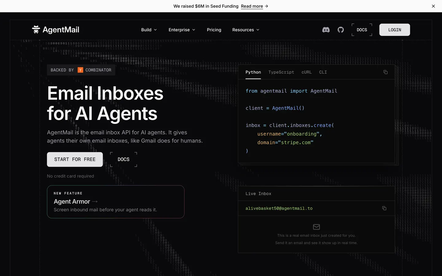 AgentMail hero section